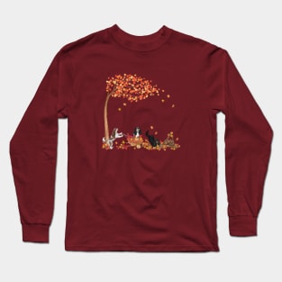 Four Cavalier King Charles Spaniels Playing in Fall Leaves Long Sleeve T-Shirt